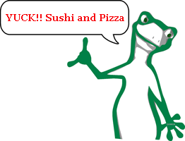 Cartoon chameleon says, "KiiWii - Yuck Sushi and pizza" - 1-Pizza Branding